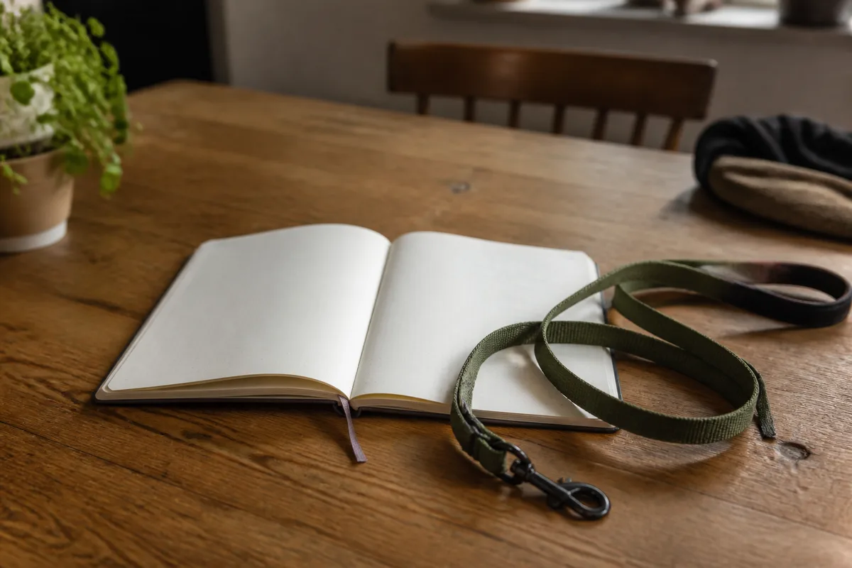 Carnet de notes ouvert et laisse posés sur une table en bois, ambiance préparation de tournée