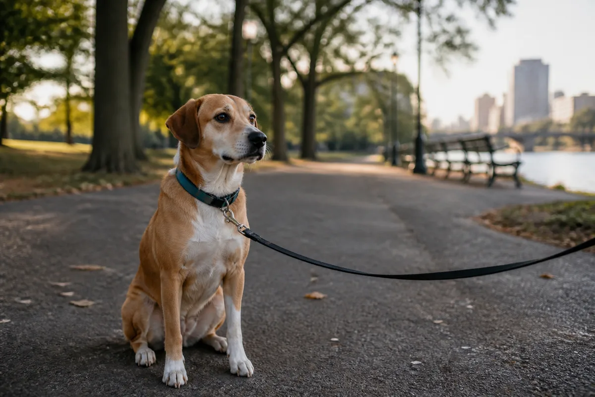 Chien de taille moyenne assis calmement en laisse dans un parc urbain au petit matin