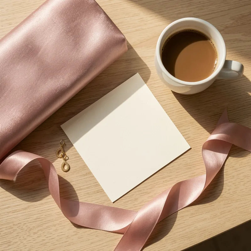 Carton d&rsquo;invitation de mariage posé sur une table en bois à côté d&rsquo;une pochette et de boucles d&rsquo;oreilles dorées